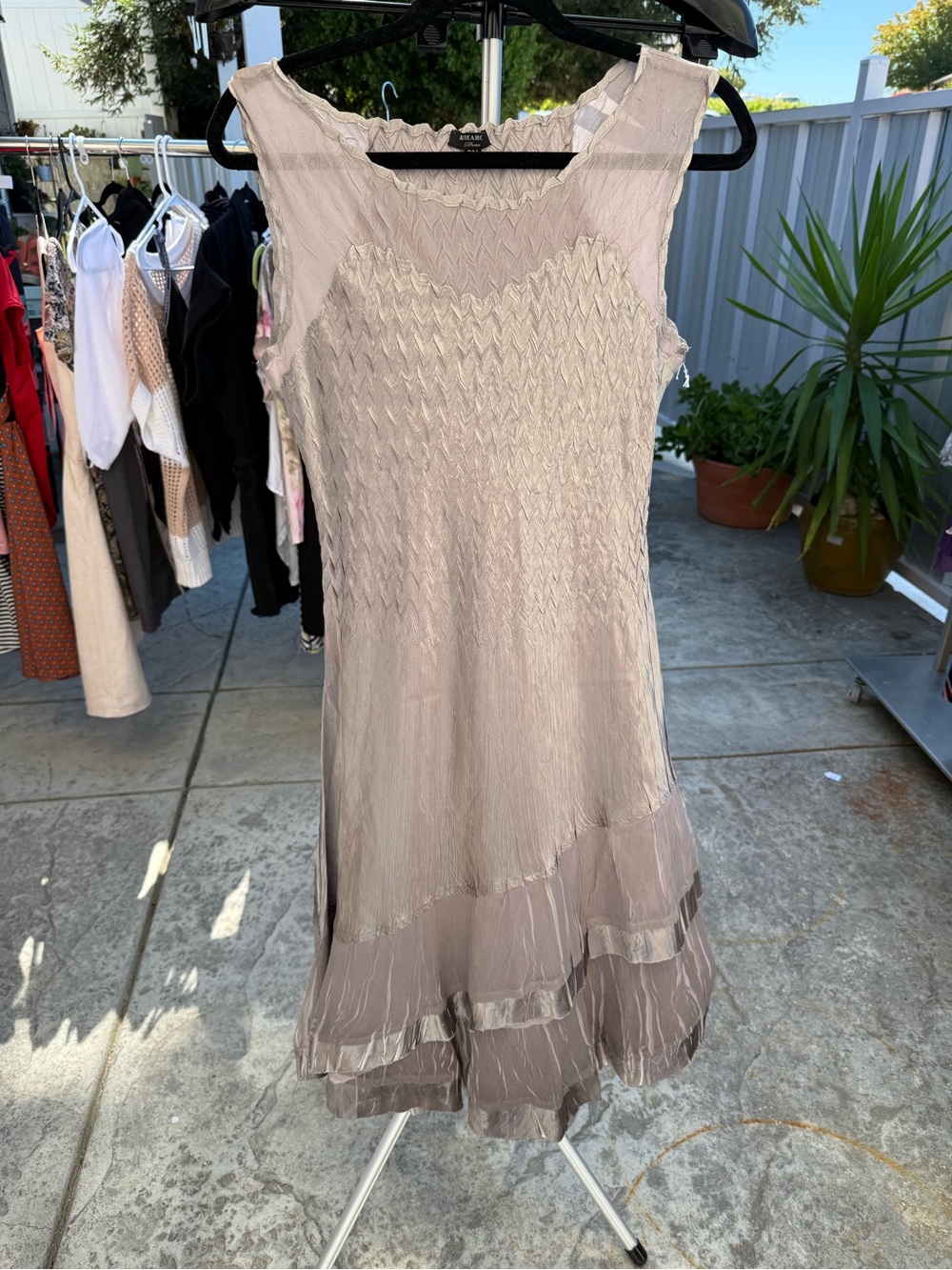 KOMAROV Sleevless Taupe Crinkle Midi Dress